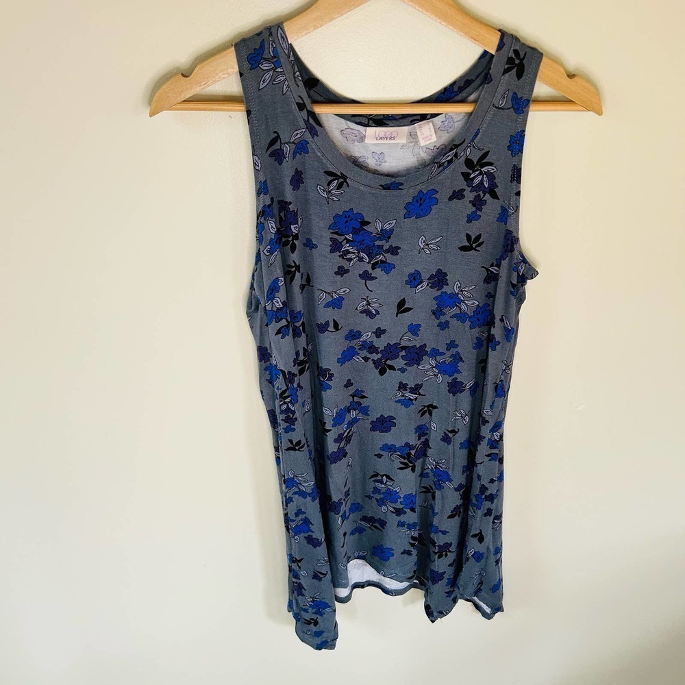 LOGO by Lori Goldstein size S grey 230 rayon swing tank top blue floral print